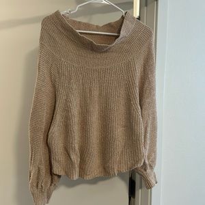 tan knitted off the shoulder sweater